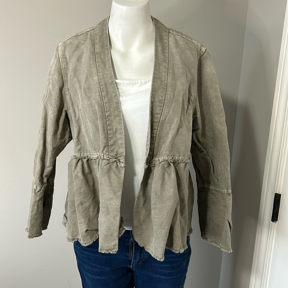 AMO DENIM FLOUNCE JACKET GREYISH GREEN Open Front Frayed Hem Revolve Sz S - Picture 4 of 14
